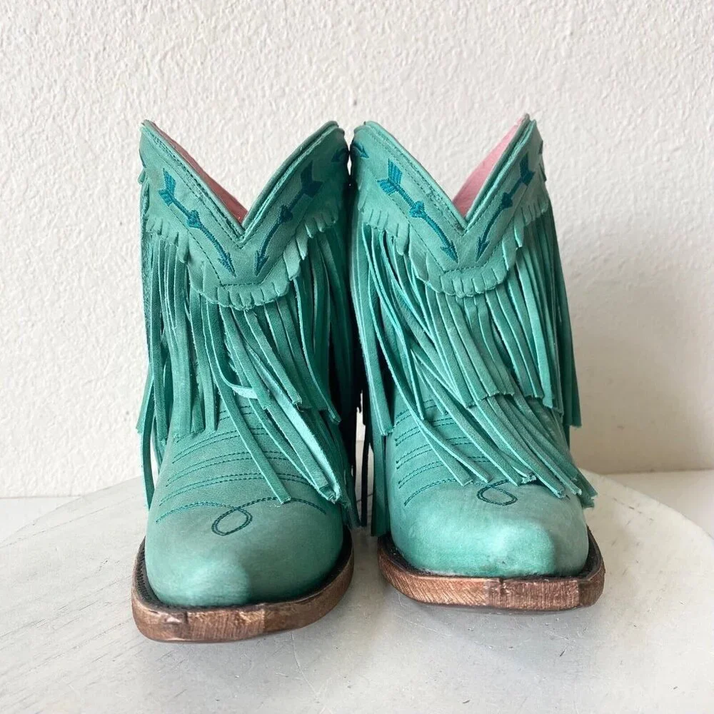 Lane Junk Gypsy Spitfire Fringe Cowboy Boots Turquoise Short Ankle Booties 5 New